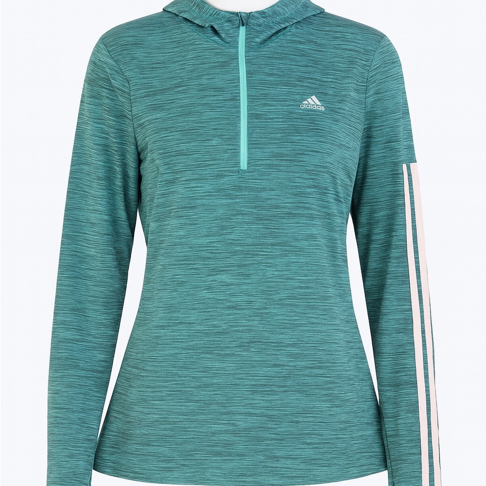 Adidas Women’s Large Teal Quarter-Zip Hoodie – 3-Stripes Sleeve